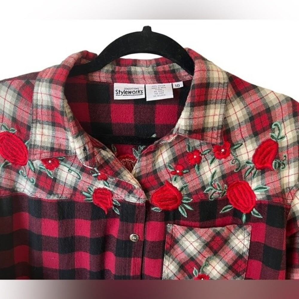 Vtg Styleworks Plaid Patchwork Button Up Embroide… - image 7
